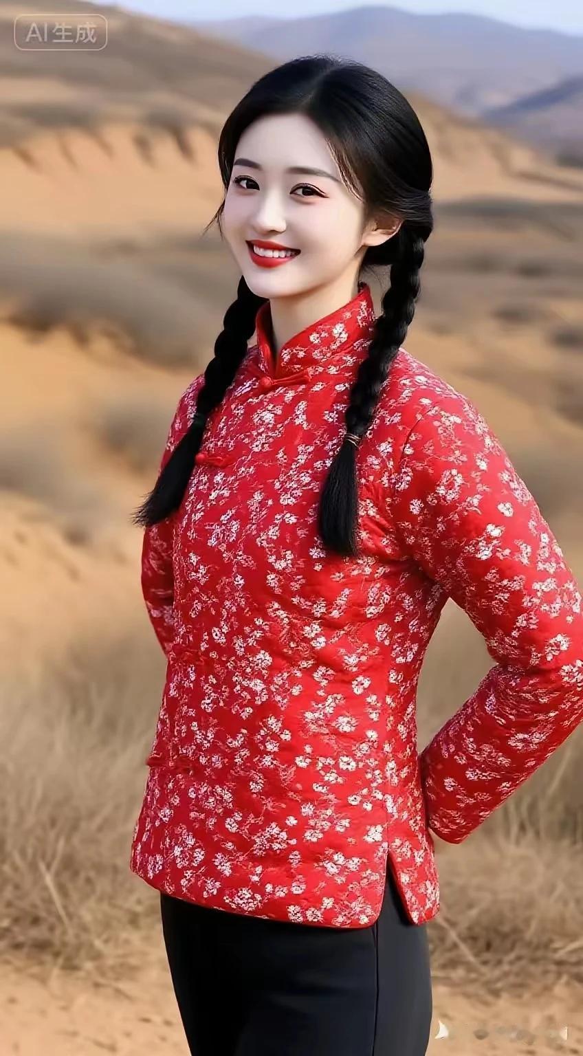 塞鸿秋·陕北佳人
黄坡草寂风轻漾，
乌丝双绾青丝长。
红衫缀雪娇模样，
满面春风