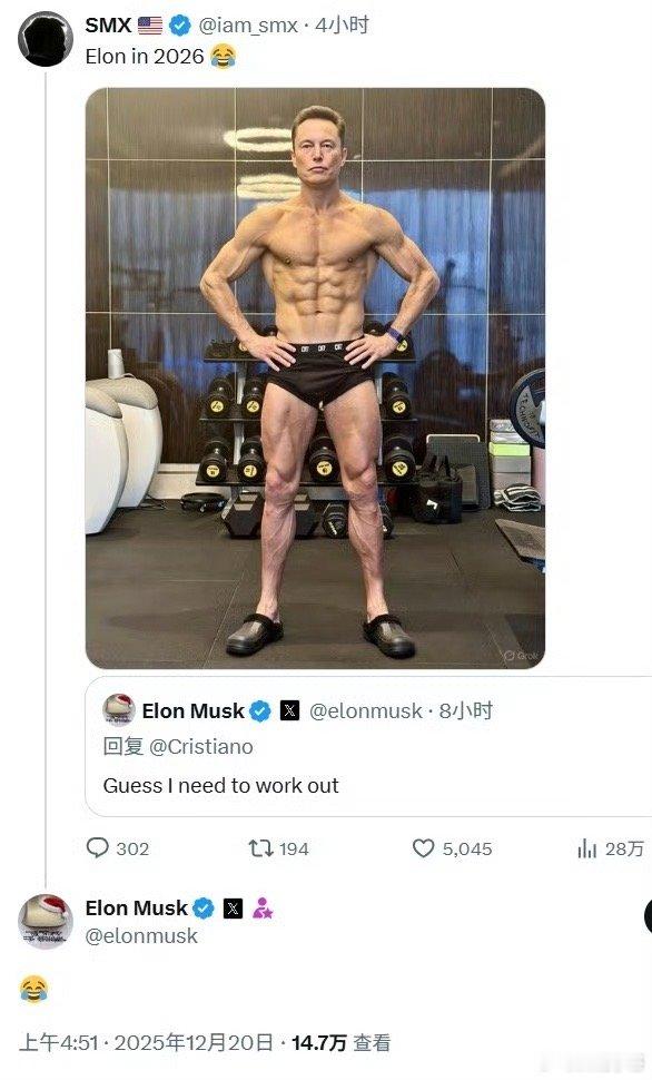 马斯克点评C罗身材照马斯克在C罗的动态下留言：我想我也是时候锻炼锻炼了。马斯克点
