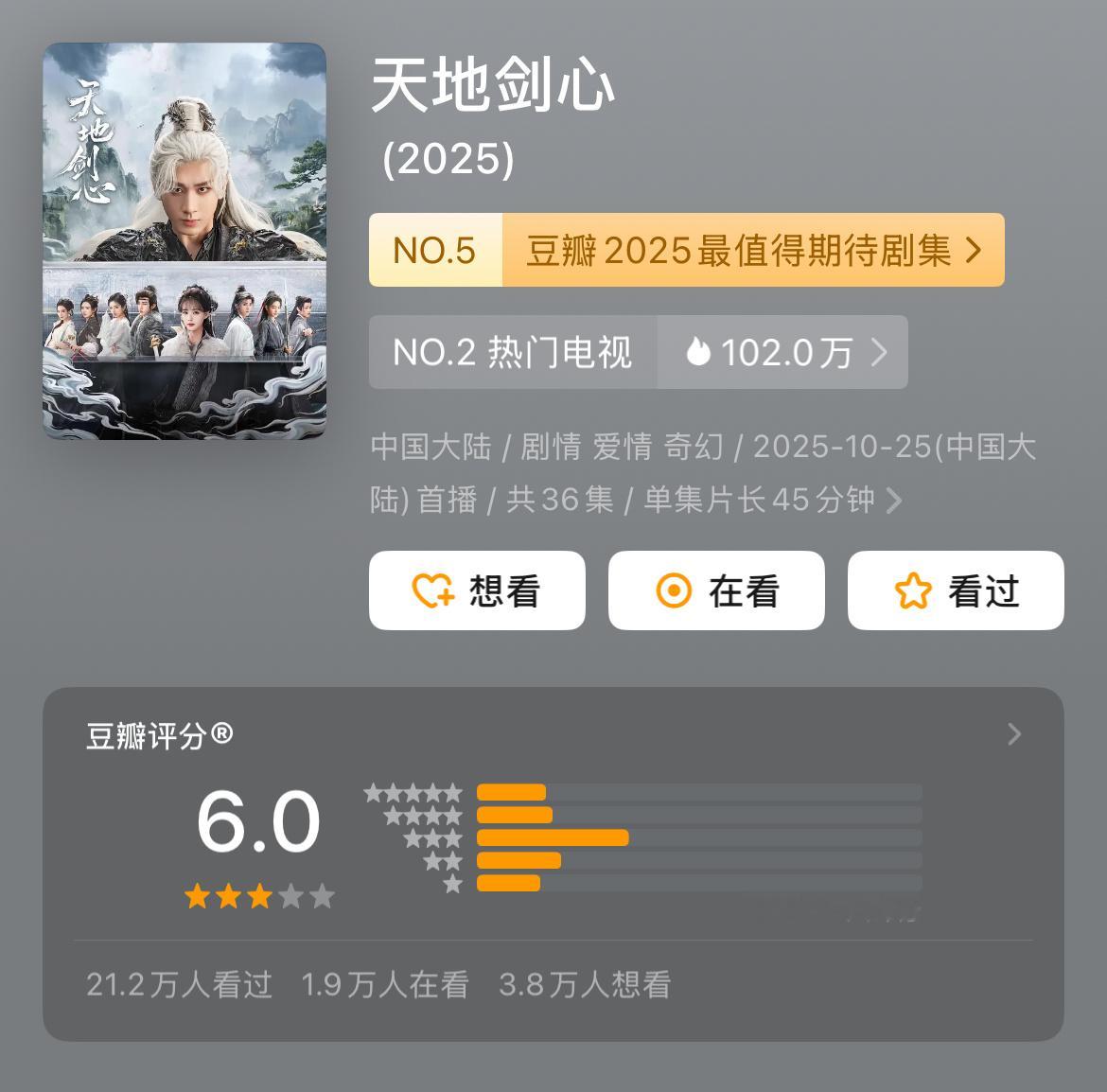 成毅 李一桐天地剑心豆瓣开分6.0，23w人打分，3.6万五星 ，3.3万一星，