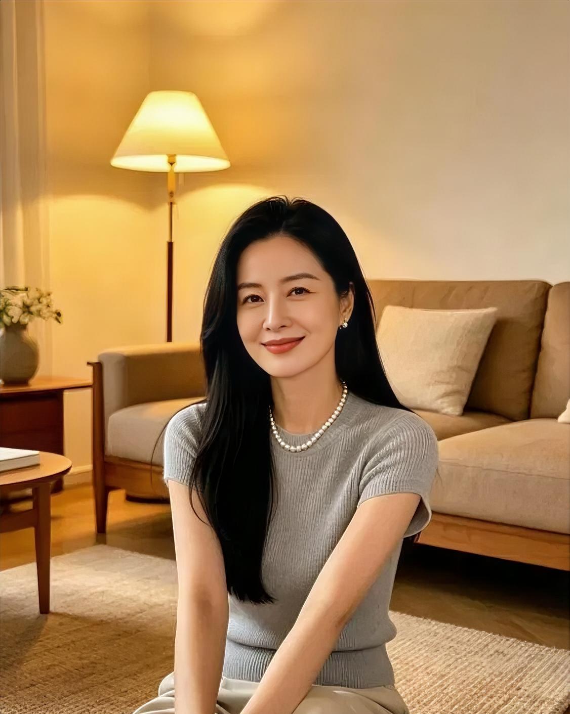 灯一暖，家便有了温柔的模样。

灰衫素净，珠链轻扬。

长发垂落，笑意明朗。
