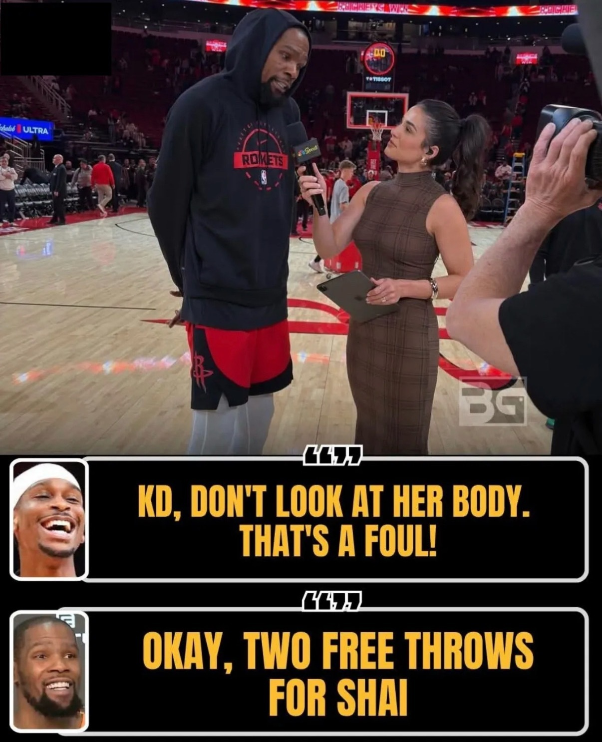 对线没输过。杜兰特赛后采访接受一位身材姣好的记者采访，亚历山大评论：KD你犯规了