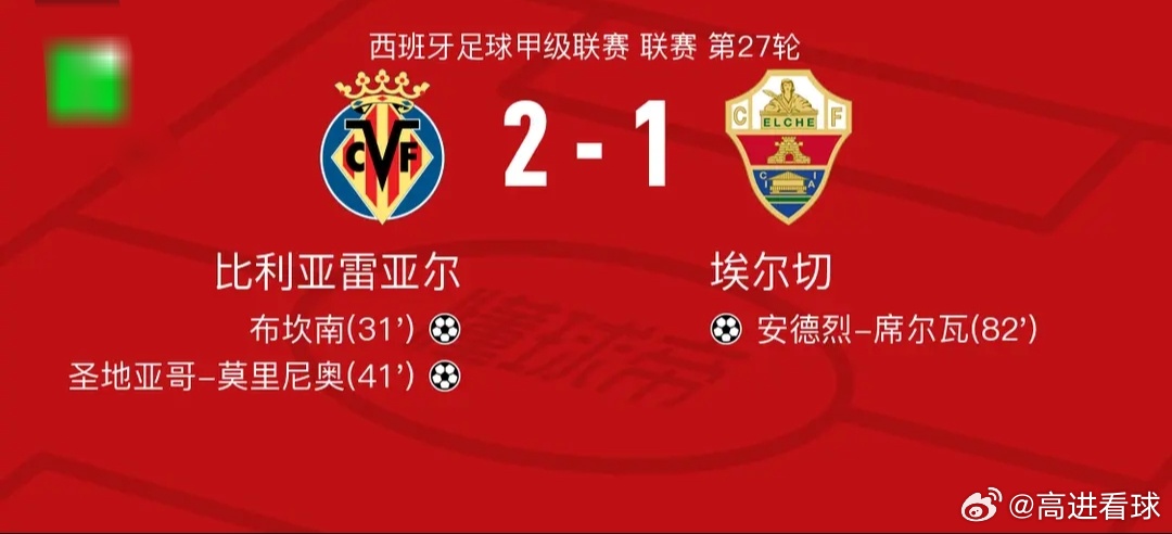 比利亚雷亚尔2-1埃尔切，圣地亚哥-莫里尼奥破门，布坎南建功北京时间3月8日西班