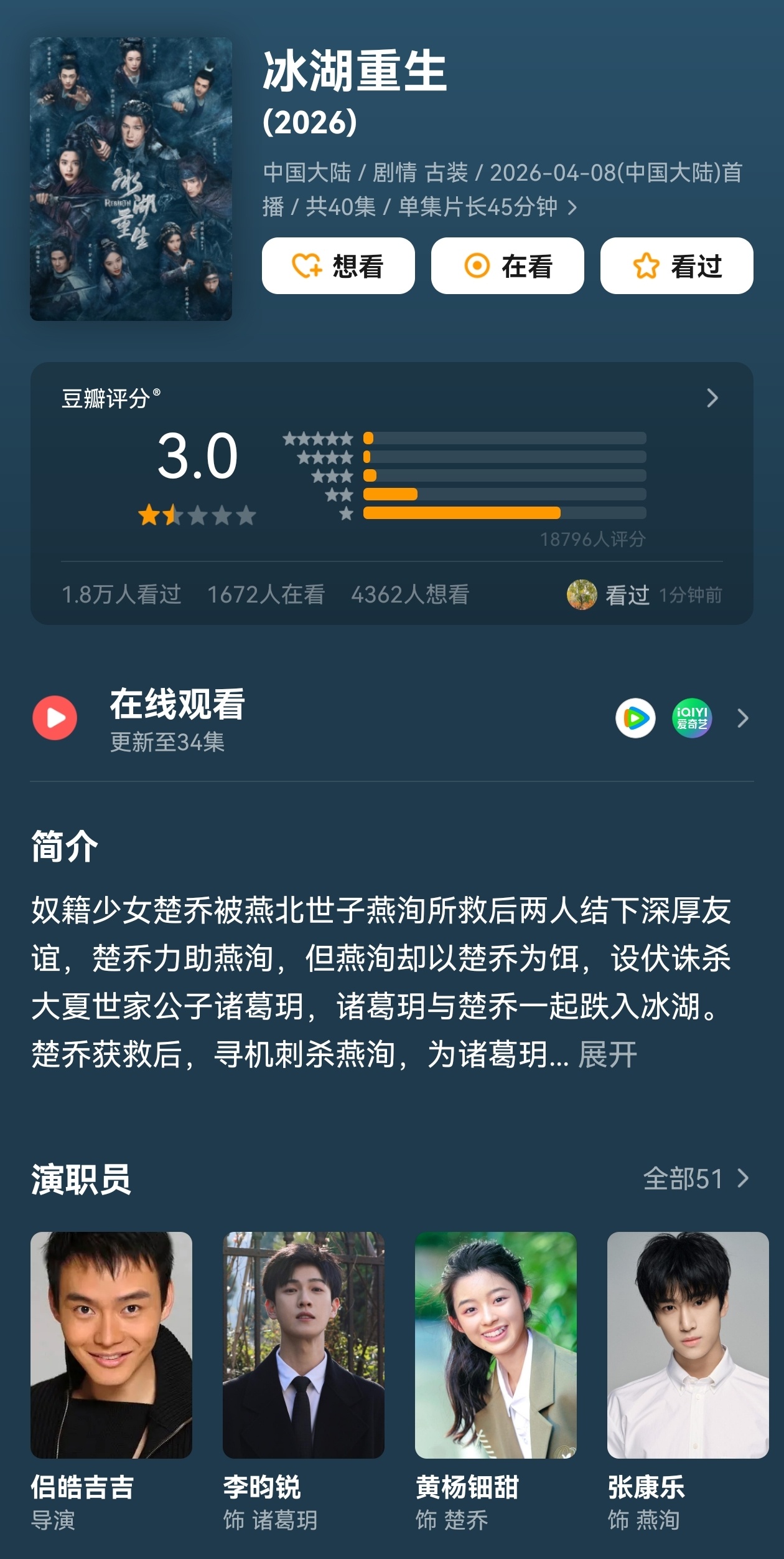 冰湖重生豆瓣降到3分了冰湖重生降到3分了由李昀锐、黄杨钿甜、张康乐领衔主演的《冰