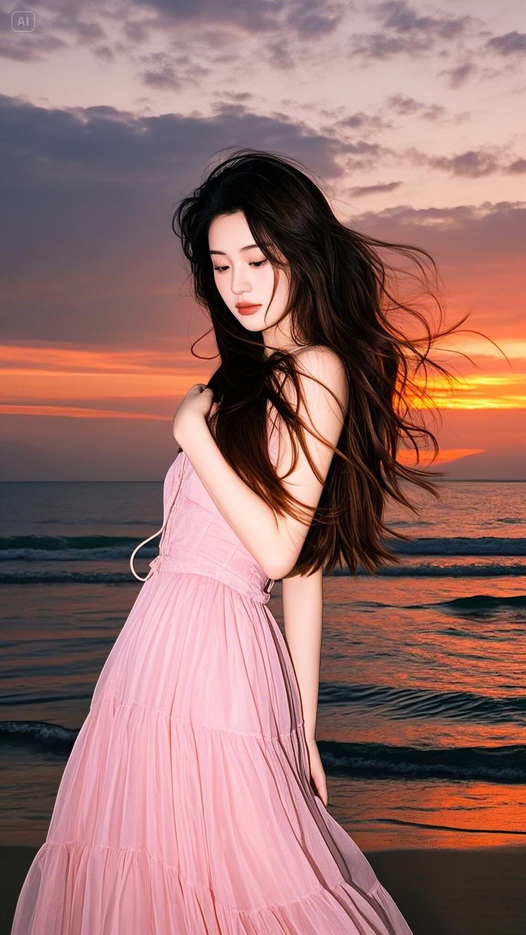 🌅 夕阳下的海滩，海风轻拂，🌊 与绝美的风景融为一体的她，在这人间仙境中流连