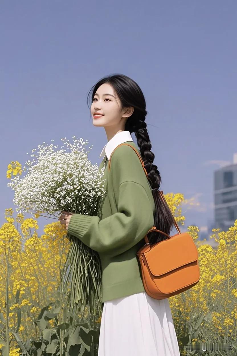清新自然，少女在花海中手捧花束，温柔如画。让我想到这样的诗句：

《花间谣》
