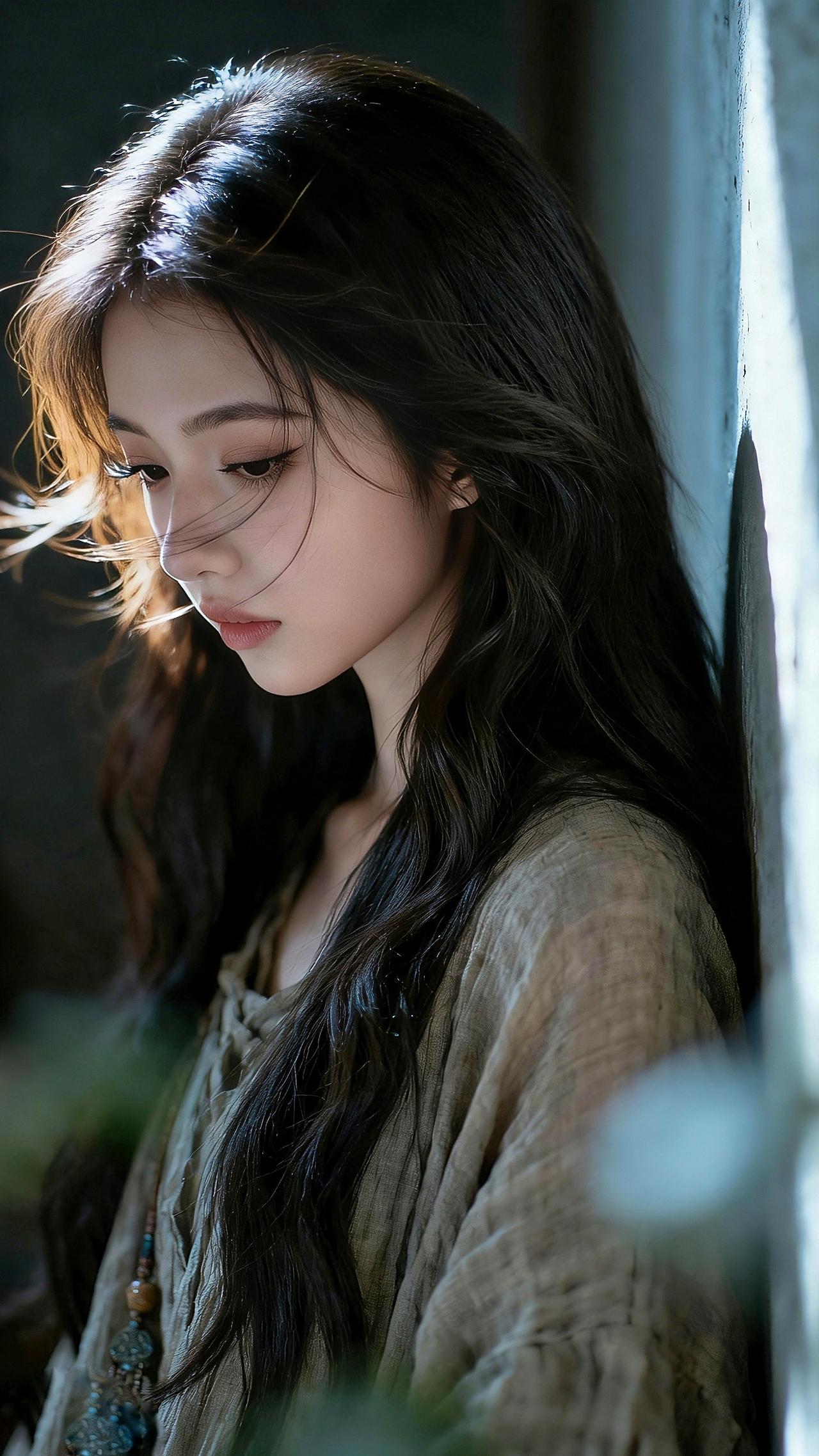 九帧同绘侧颜温婉仙！乌发如绸垂落泛柔光，素衣衬雪肌，侧颜低垂眸藏星。光影织静谧，