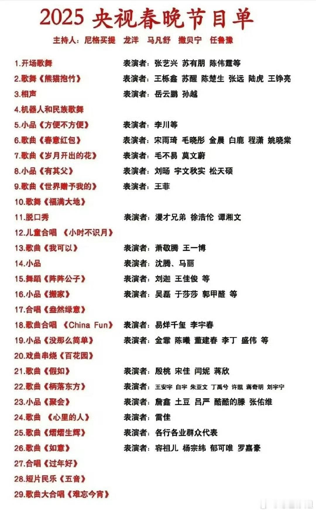 网传央视春晚节目单 