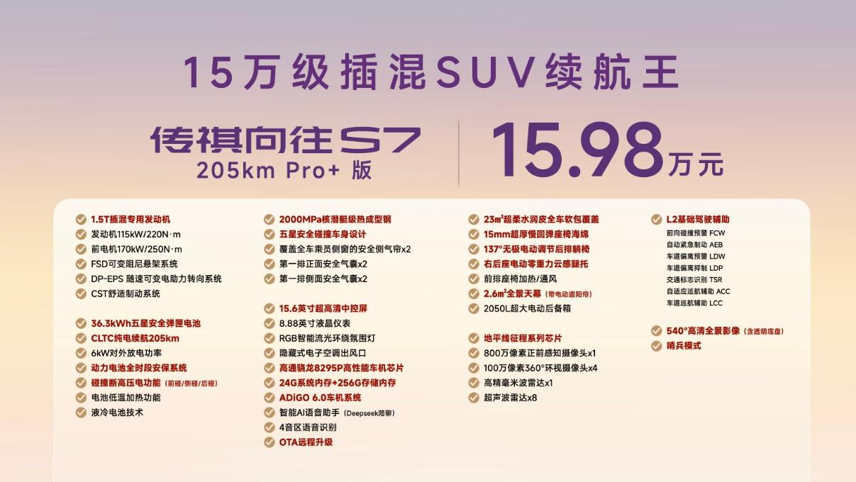 9月26日，广汽传祺向往S7 Pro+系列正式上市，推出2款车型，售价区间为15