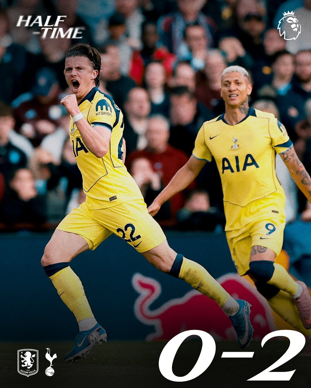 半场比赛结束，比分暂时热刺2-0维拉 