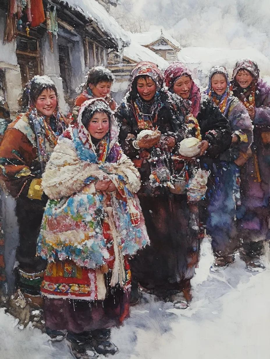雪地里的欢笑，藏族的温暖冬日。🌨️😊👩‍👩‍👧‍👧