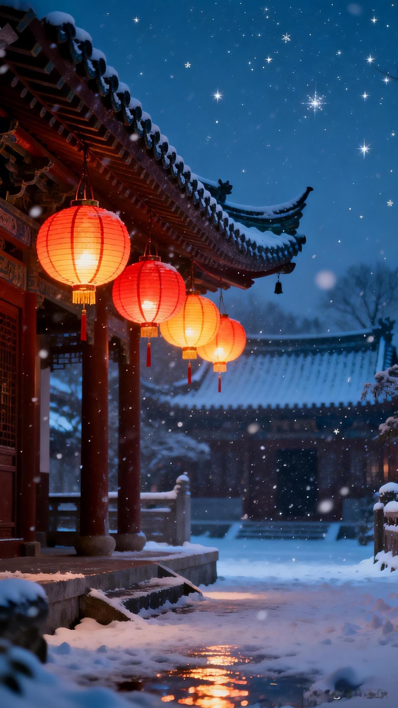 五律.雪夜宫灯
 
雪落重檐夜色沉，
红灯暖影照银尘。
星河垂落人间路，
一半清