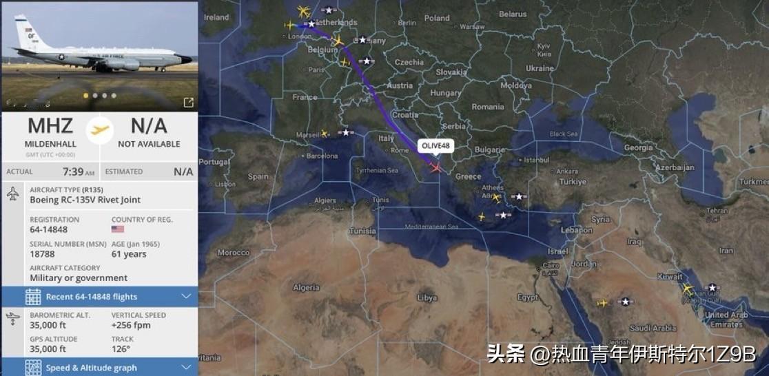 美国空军 RC-135V“铆钉联合”侦察机已从英国皇家空军米尔登霍尔基地起飞，正