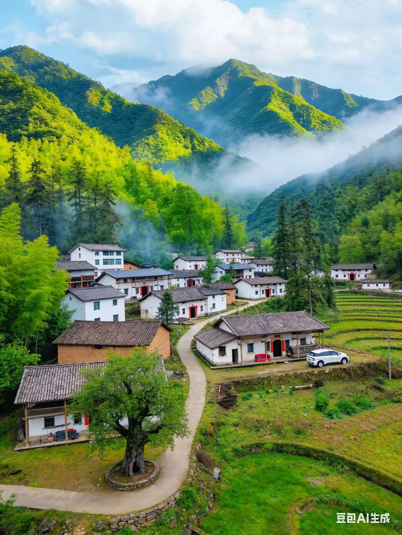 四块玉·故乡
叠翠岗，烟迷茫，
黛瓦白墙隐山旁，
小径弯弯通幽巷。
是故乡，好风