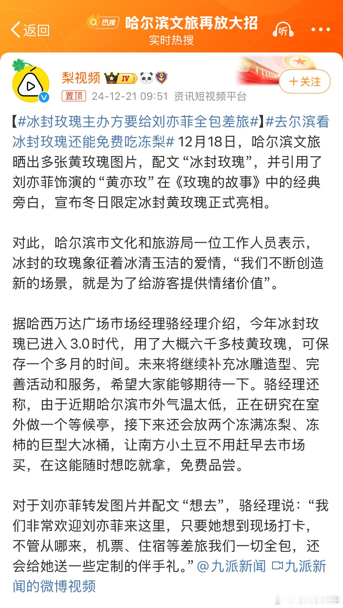 冰封玫瑰主办方要给刘亦菲全包差旅 这下刘亦菲不得不去了，人家上面都这样说了，刘亦