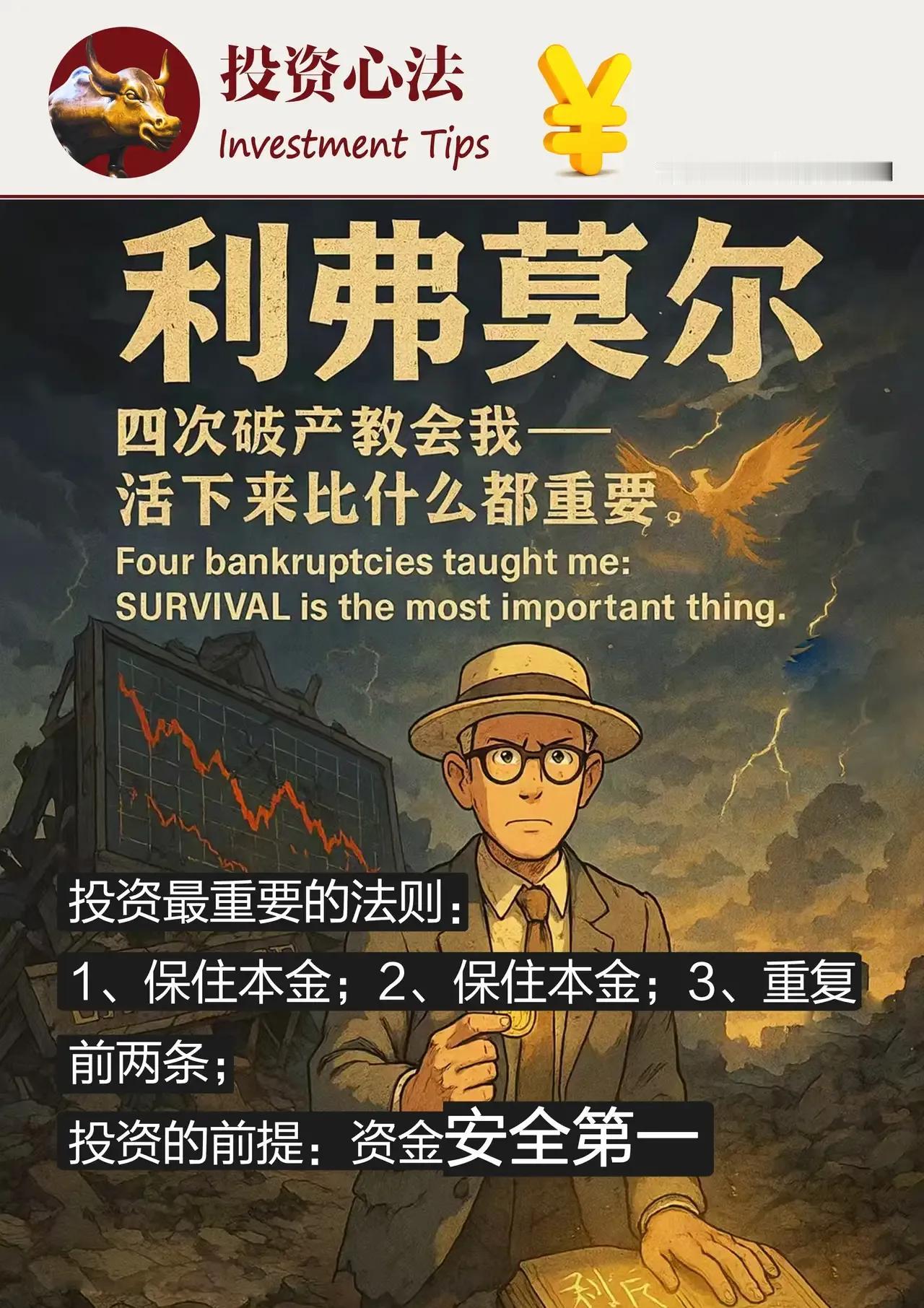 A股投资最重要的法则：
1、保住本金
2、保住本金
3、重复前两条
重要的话说三