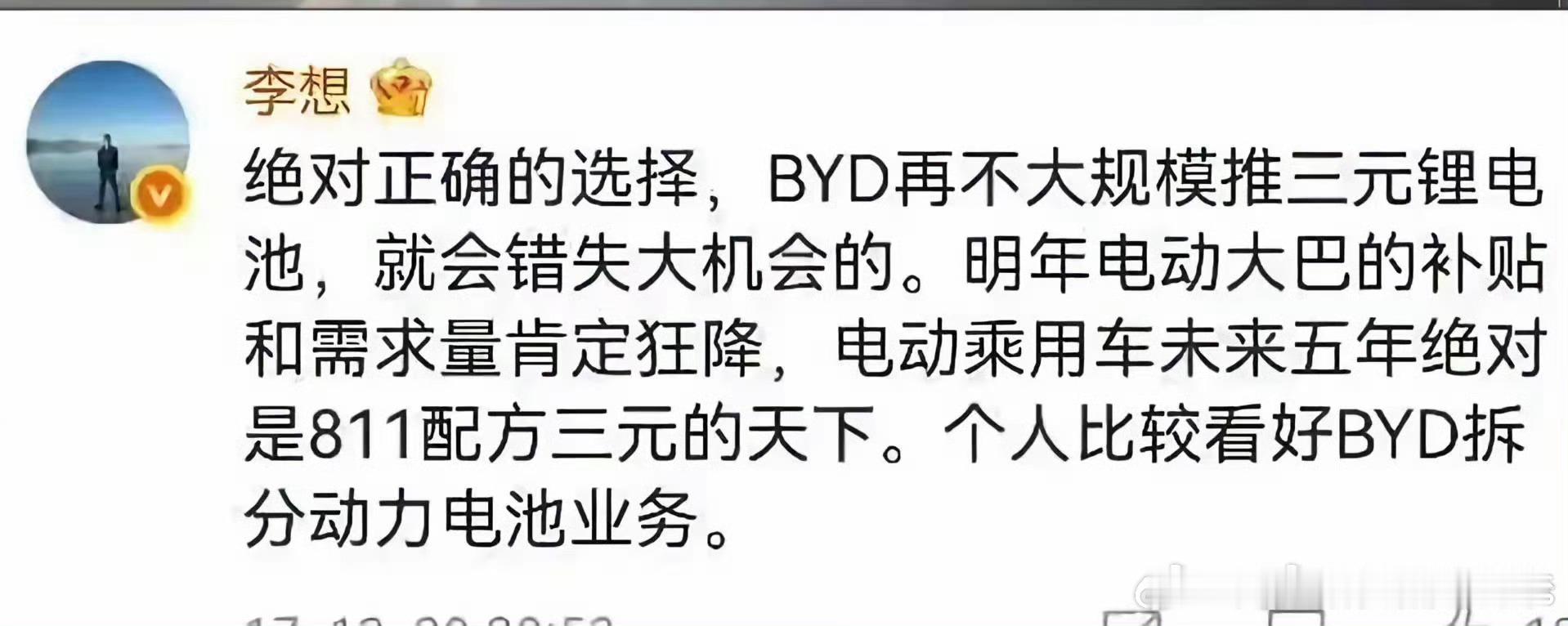 一定程度上说的也对，如果走三元+弗迪拆分，现在应该会多一个万亿电池巨头，资本市场