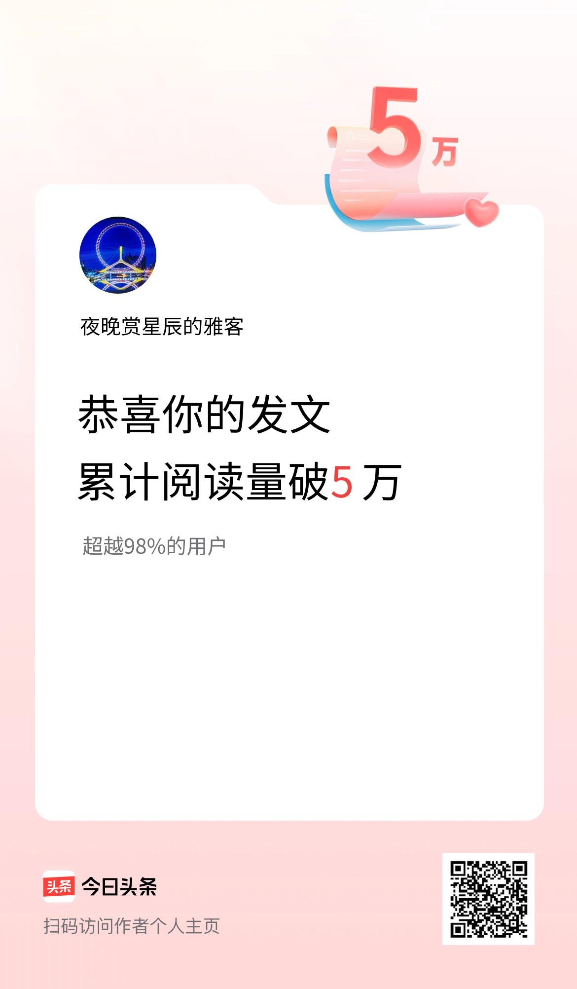 🤝我在头条累计获得阅读量破5万啦！