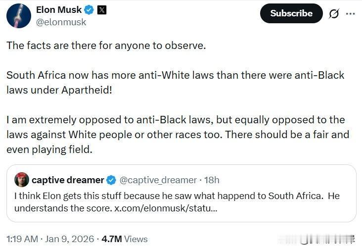 马斯克发文批评南非对白人搞“歧视”。
“事实摆在眼前，任何人都能看见。

南非现