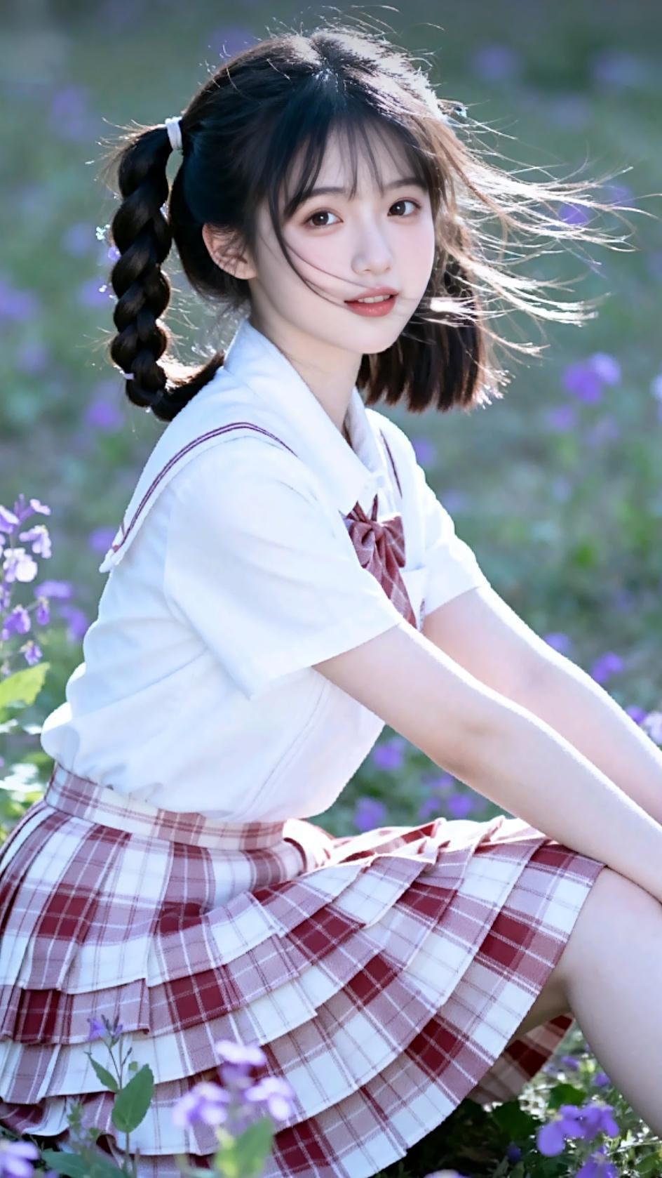 花间少女坐，风中发丝扬。