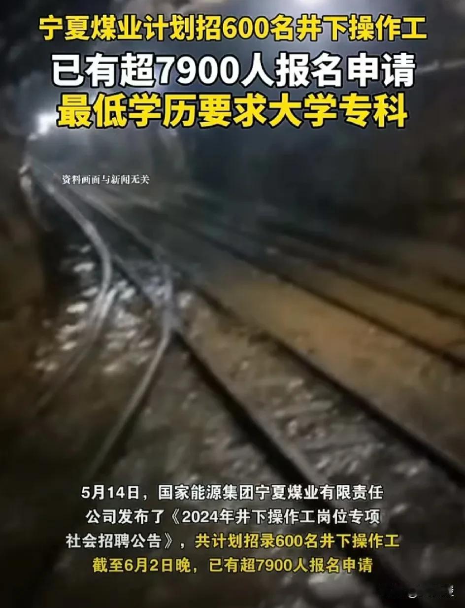 宁夏煤业计划招600名井下操作工，已有超7900人报名申请，最低学历要求大学专科