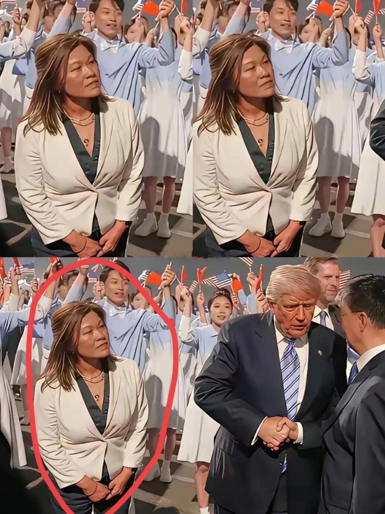 美方随行翻译的穿搭，属实让人有点意外。同样是重要外事场合，特朗普一身西装革履，正