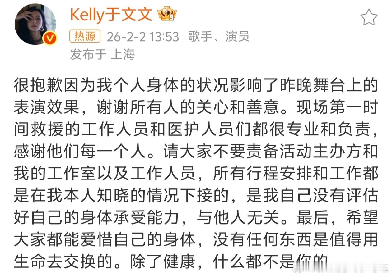 于文文 除了健康什么都不是你的音乐节上于文文突然晕倒，影响了舞台演出，于文文发博