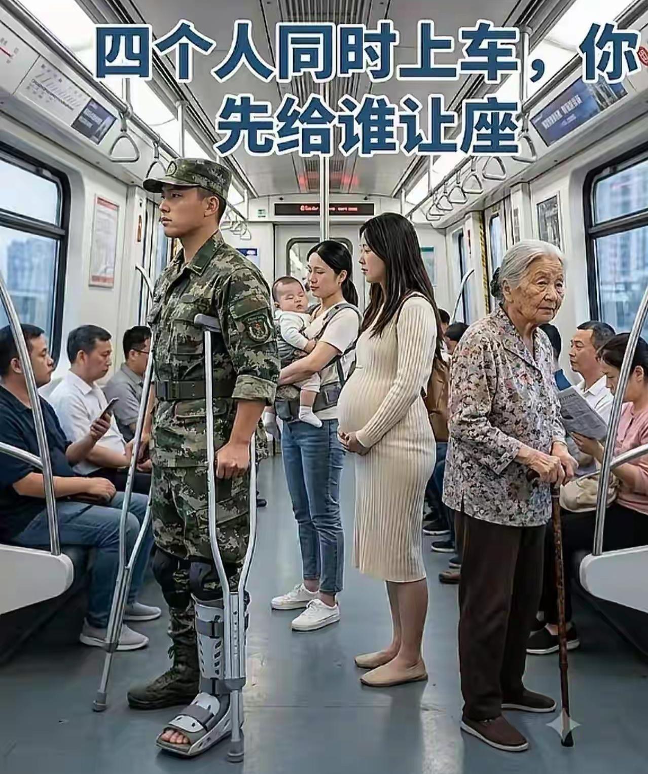 这四人同时上车你会优先给谁让座？不许撒谎！