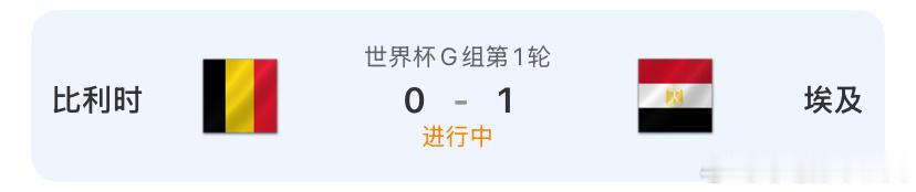 世界杯小组赛第一轮，比利时对阵埃及，上半场比赛结束，埃及1-0比利时。上半场19