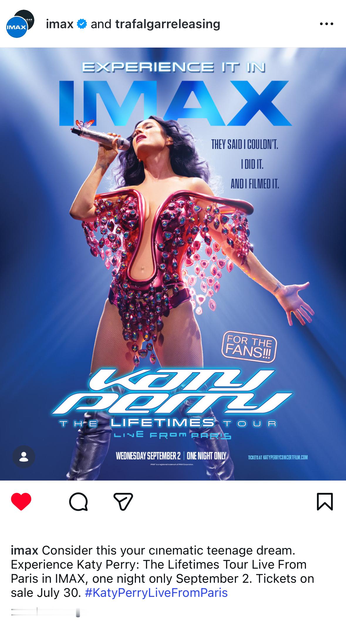 IMAX官方ins账号发po宣传Katy Perry: The Lifetime