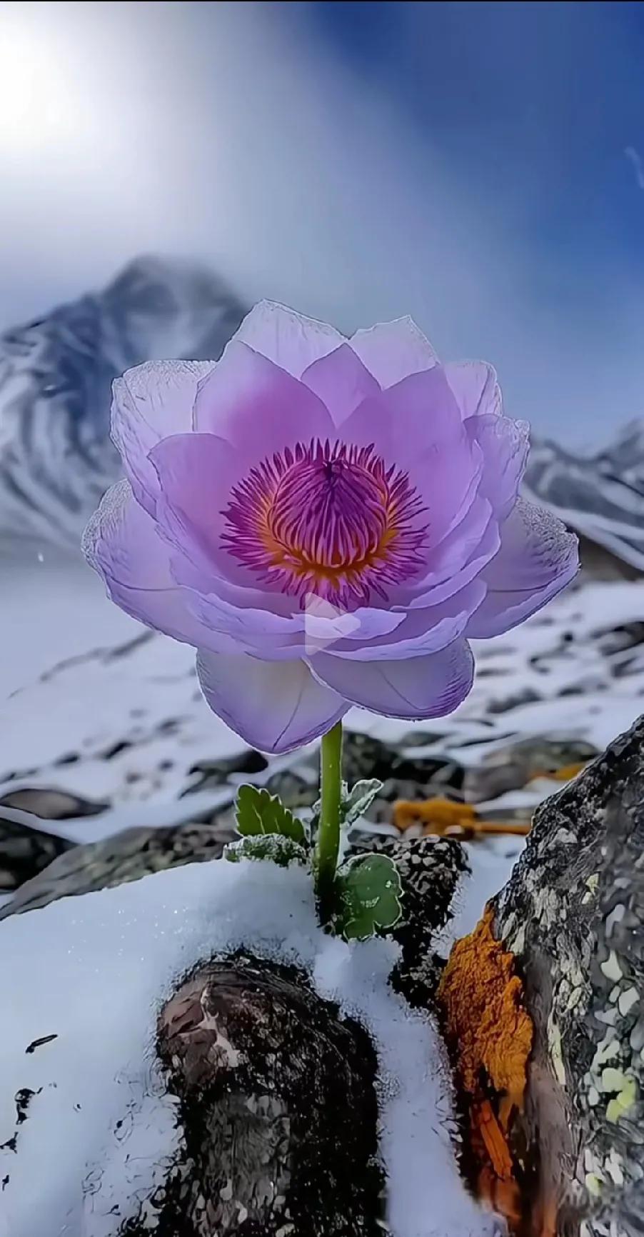 雪地中的惊艳之花，紫色的美丽绽放。今日的雪莲花 绚丽绽放的雪莲