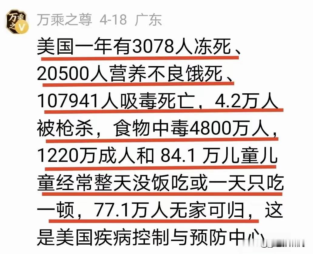 美国疾控中心公布的数据显示：美国一年有 3078 人冻死，2 万人营养不良，10