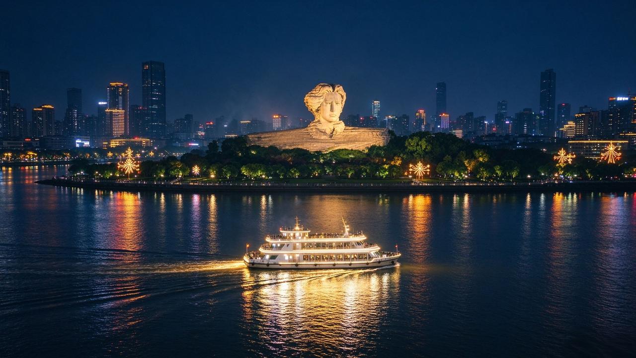 游轮划过橘子洲头，国庆的浪漫在这一刻有了具体的模样
 
当游轮的汽笛声在湘江水面