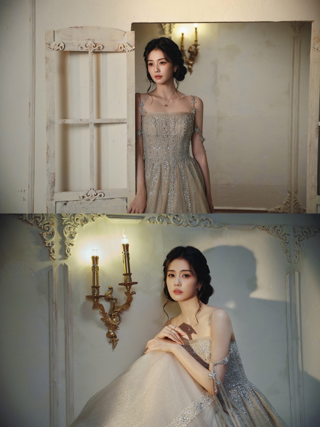 白鹿 in 香缇卡品牌直播活动造型，一袭LIZ SHINE COUTURE吊带亮