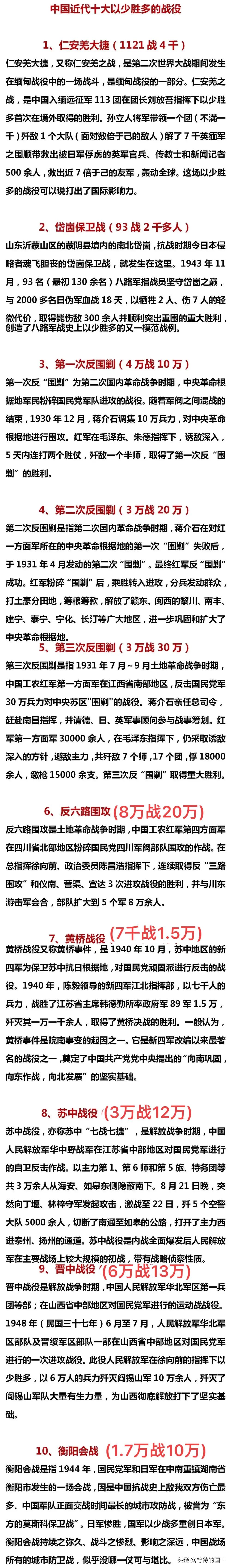 近代我国以少胜多的“十大经典战役”一览表
仁安养大捷(1千：4千日军)——孙立人
