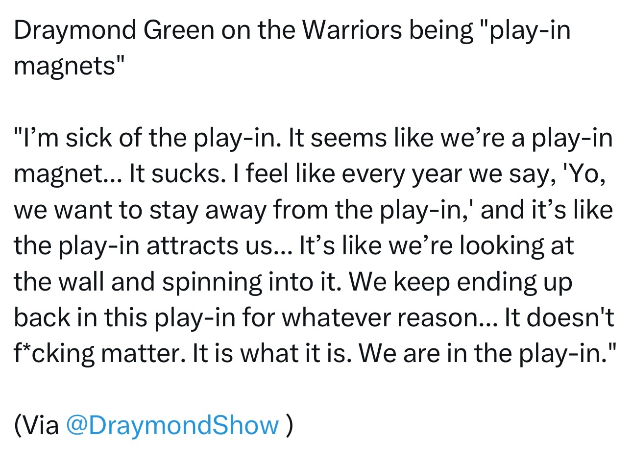 追梦·格林吐槽勇士成了“附加赛磁铁”：“我真的烦透附加赛了。感觉我们就跟吸附加赛
