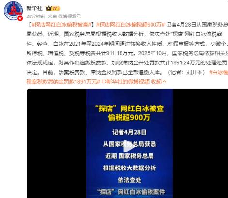 2026 年 4 月 28 日，官方通报探店网红白冰 2021-2024 年偷税