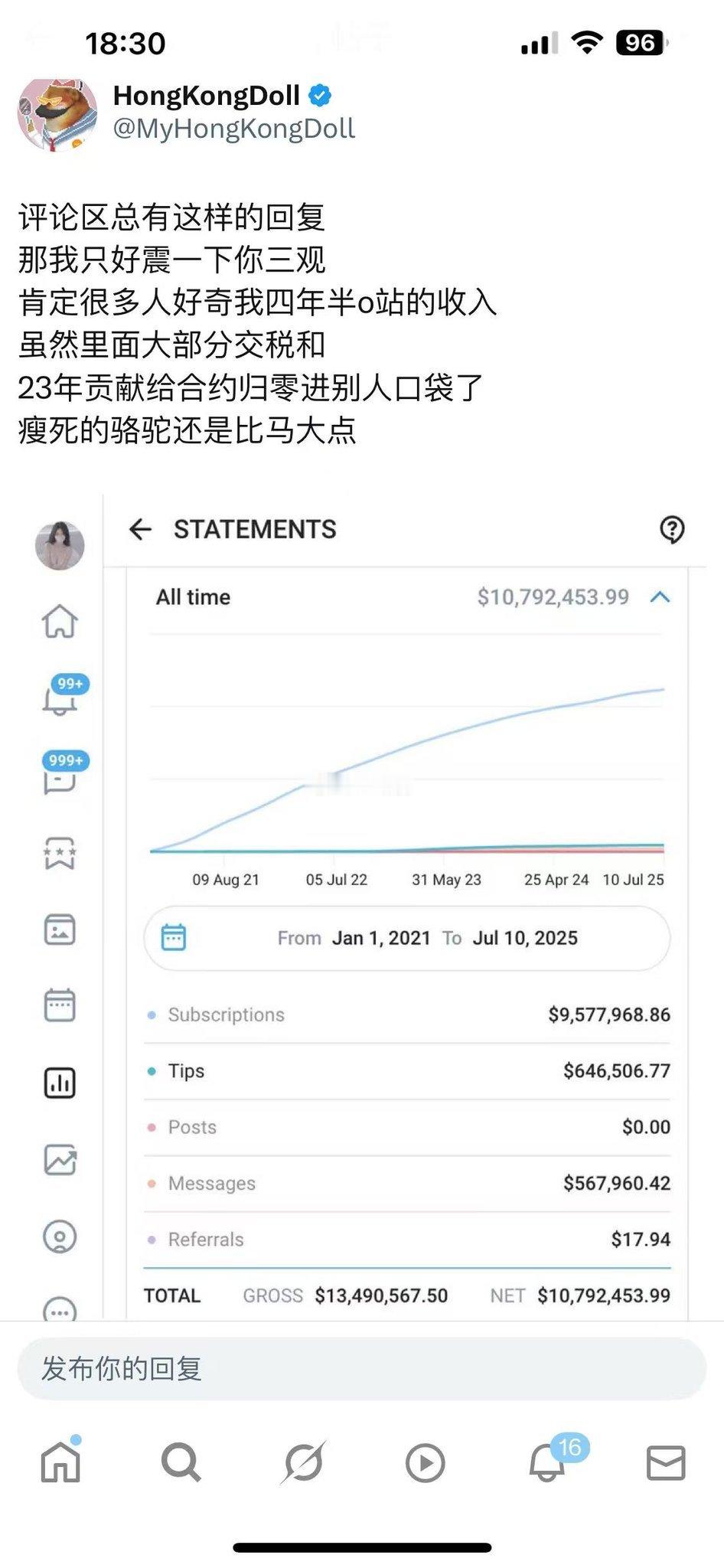 玩偶姐姐四年半赚了1080万美元（折合7800万人民币） 每年转2000万 放在