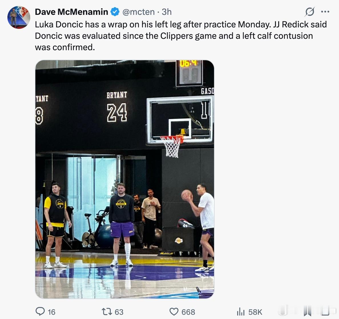 077的左腿缠上了绷带，绑这么严实不多见还好，他、里弗斯和八村都是每日观察。 