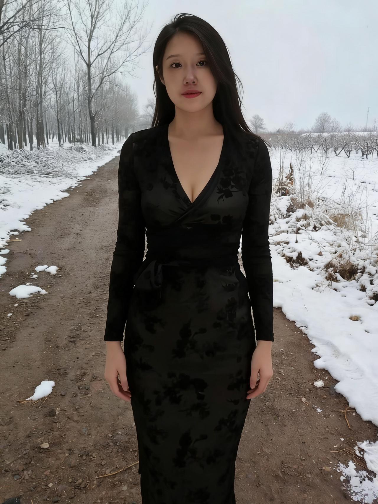 她从雪堆里走来，
黑丝绒的裙裾，
像夜的碎片，
在白昼里燃烧。
 ～
城市的雪还