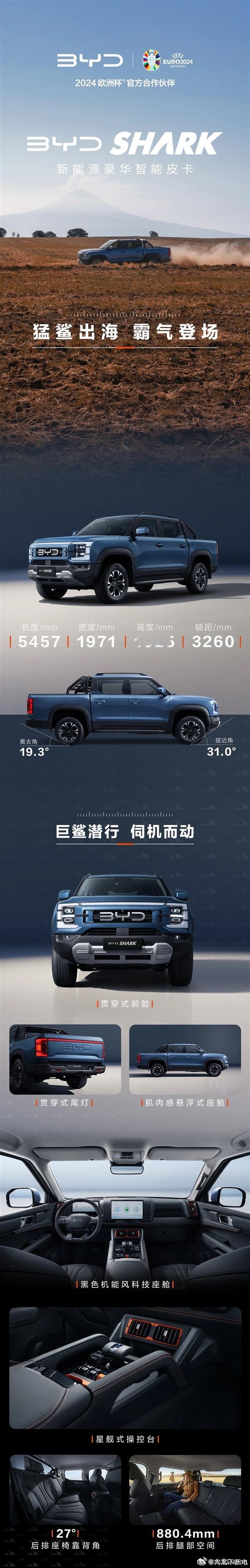 比亚迪的混动皮卡来了，名字可能是“鲨鱼”？车身尺寸长5457mm，宽1971mm