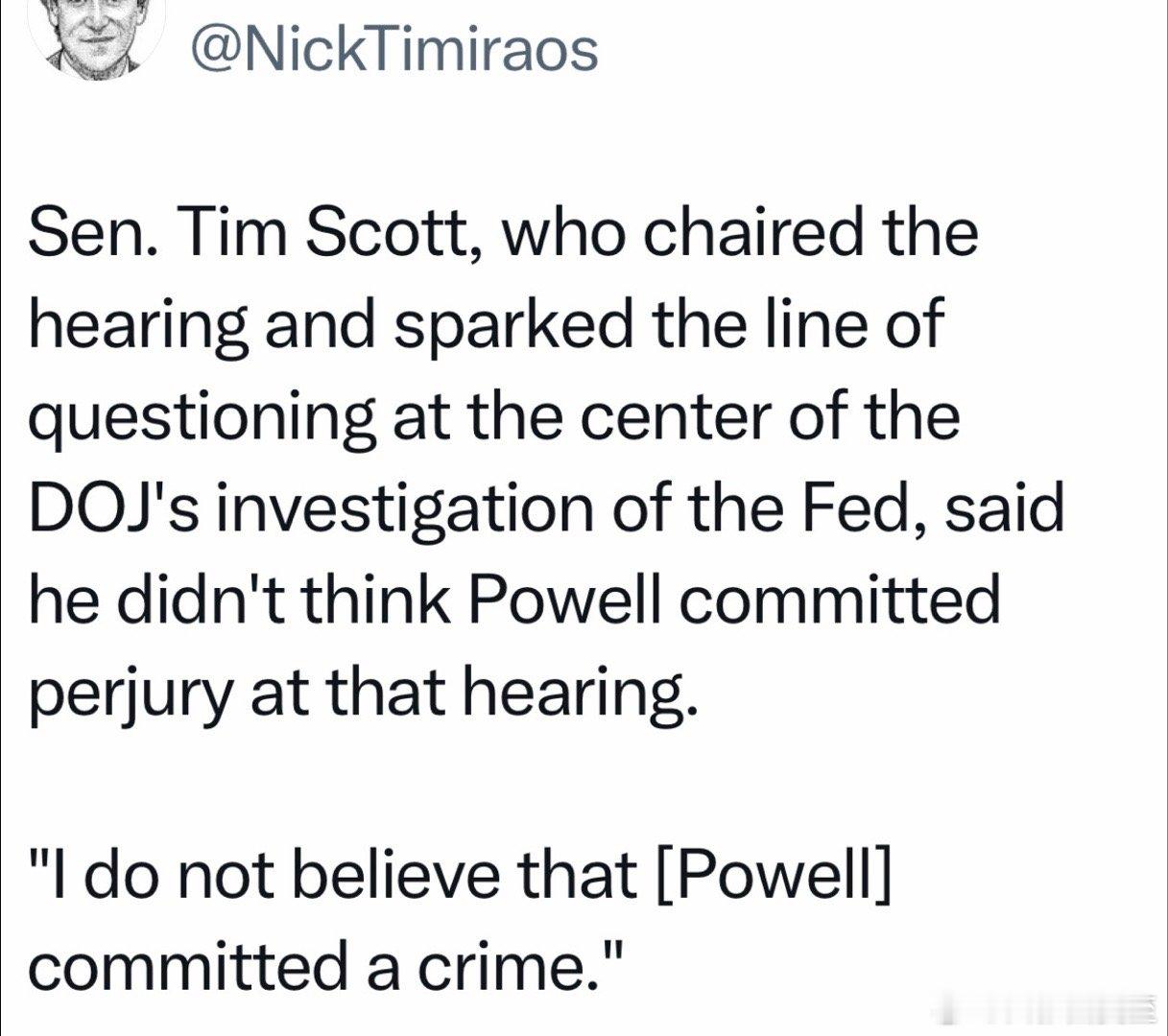 共和党参议员Tillis：美联储主席在国会的证词，陈述事实并没有错误，司法部调查