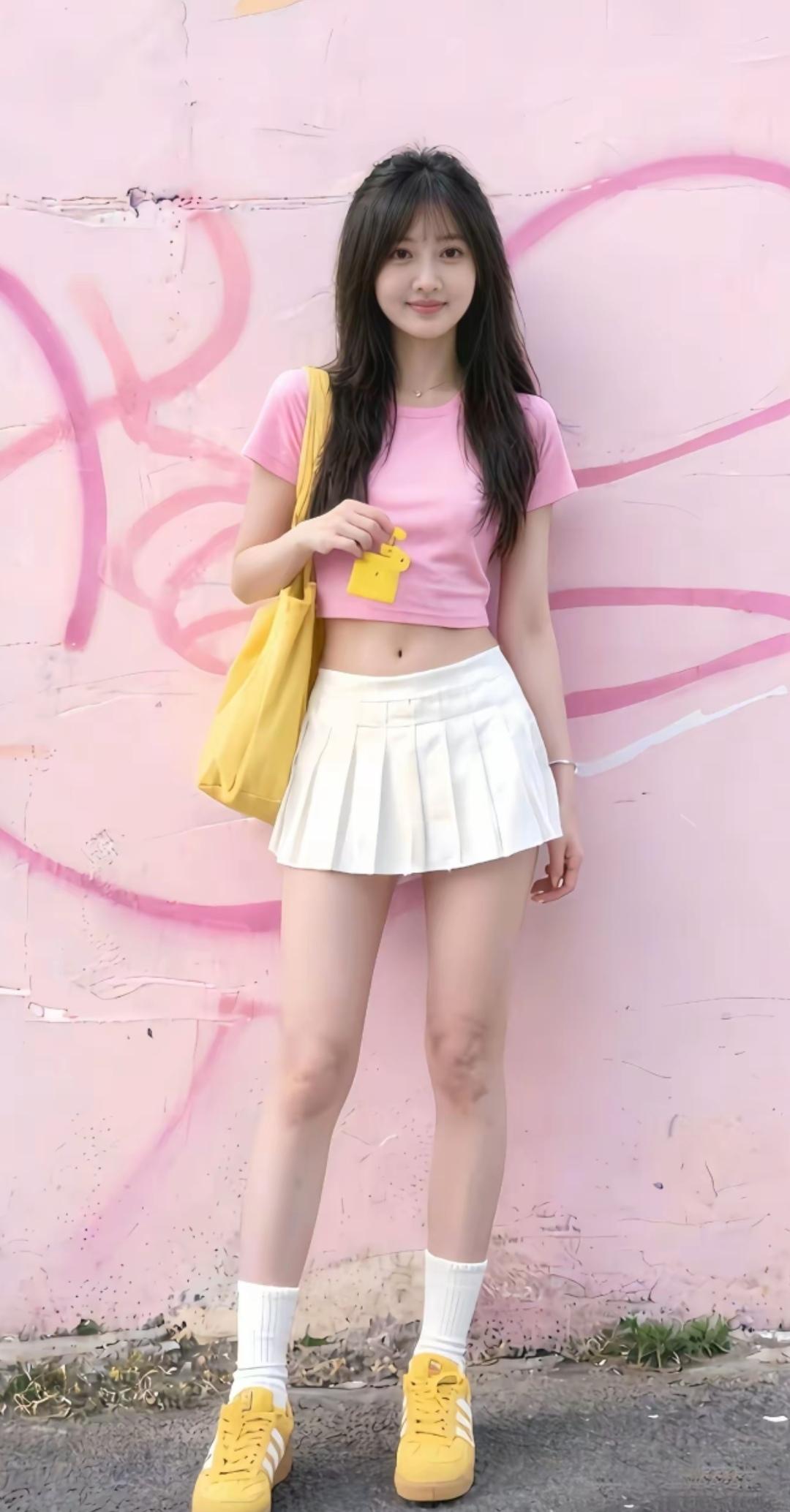 粉嫩少女风穿搭，黄色包包和运动鞋，元气满满！💕👗👟