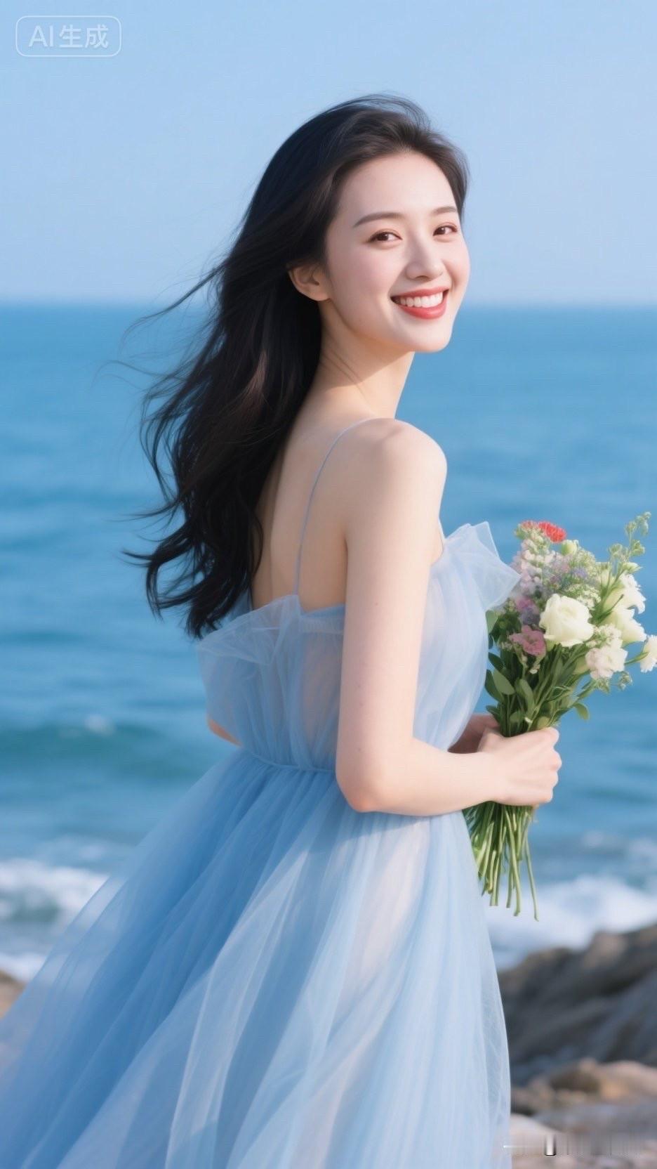 海边美女手捧花，笑容灿烂。