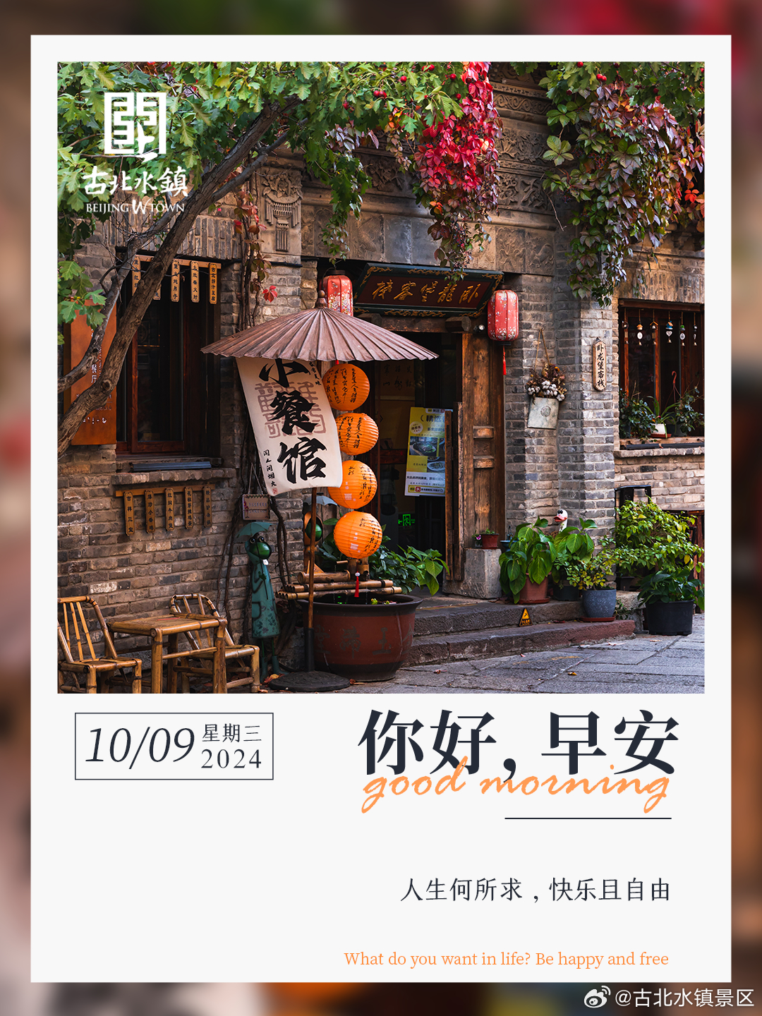 人生何所求，快乐且自由早安，宝子们~#长城脚下的红叶小镇# #古北水镇光之城# 