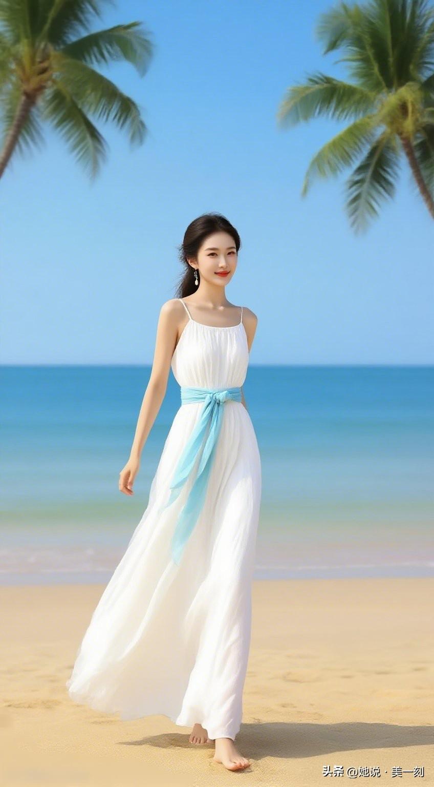 海边漫步，轻盈白裙，微风拂面，享受美好时光。🌊👗🌞
