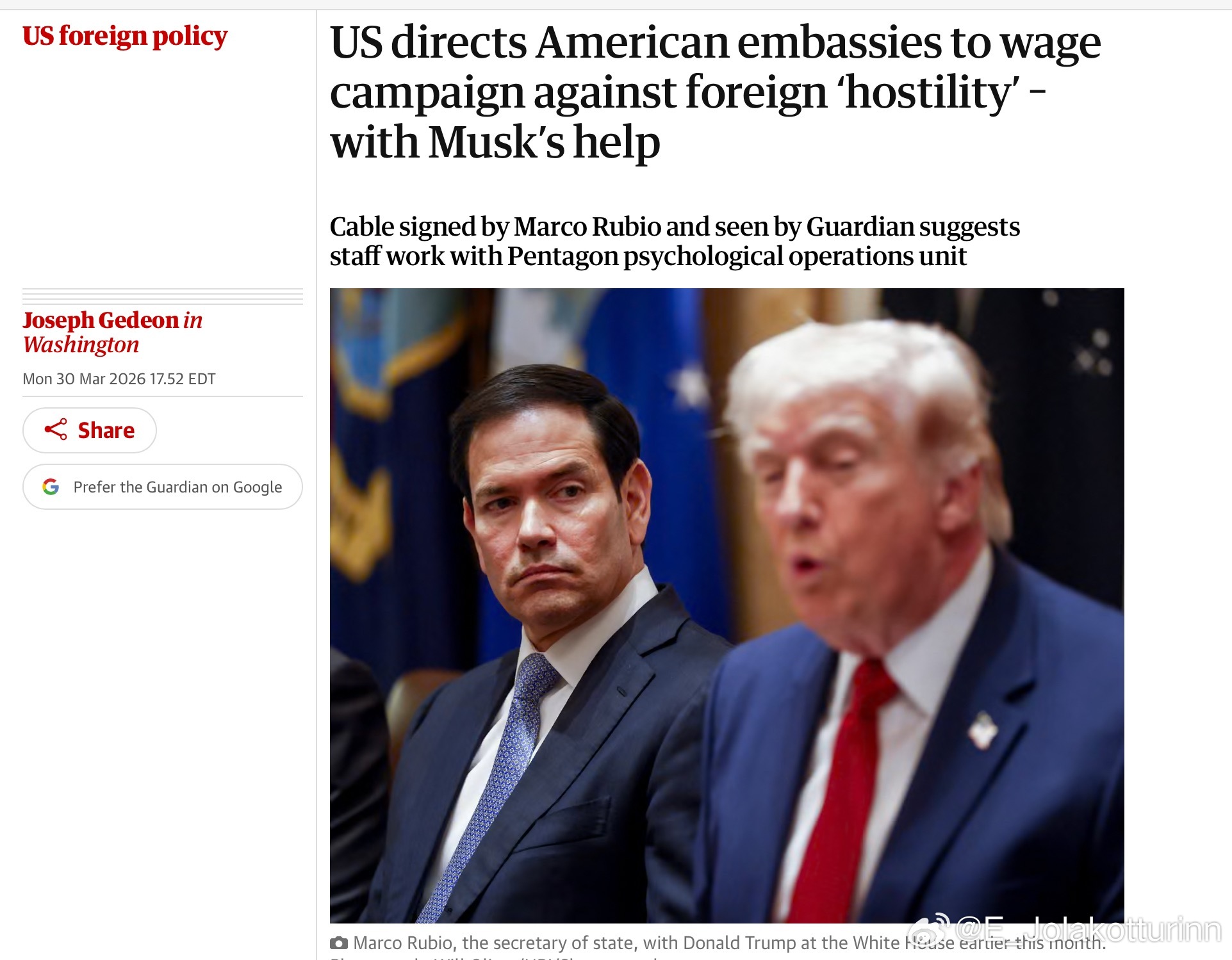 英国《卫报》昨天发布了一篇关注度很高的稿件：美国国务卿号召各驻外使馆系统性推进"