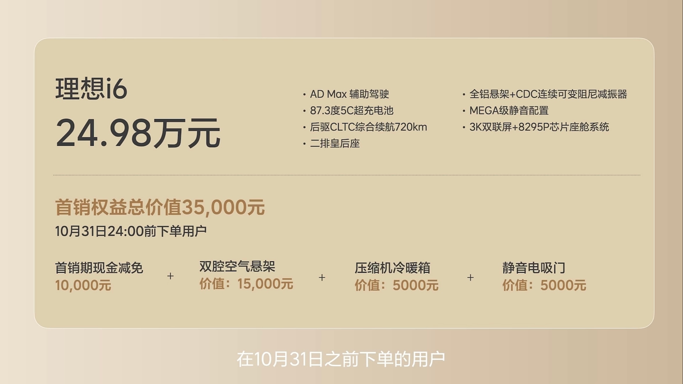 理想i6上市 价格来了，全系只有一个配置，24.98万限时优惠1万，首销送冰箱+