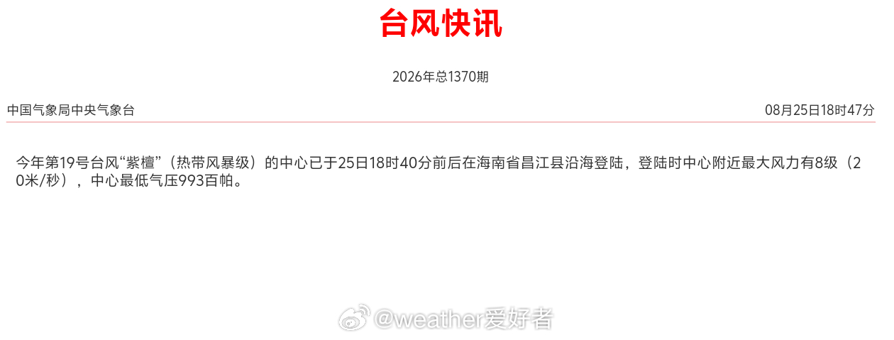 【台风紫檀登陆海南】今年第19号台风“紫檀”（热带风暴级）的中心已于25日18时