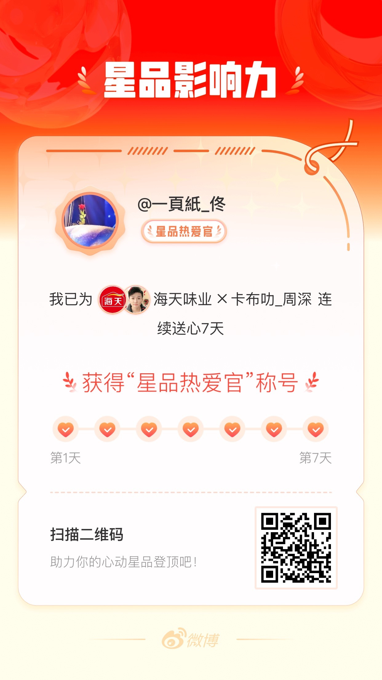 我在星品影响力上为 X 连续送心7天，获得“星品热爱官”称号！快来一起pick你