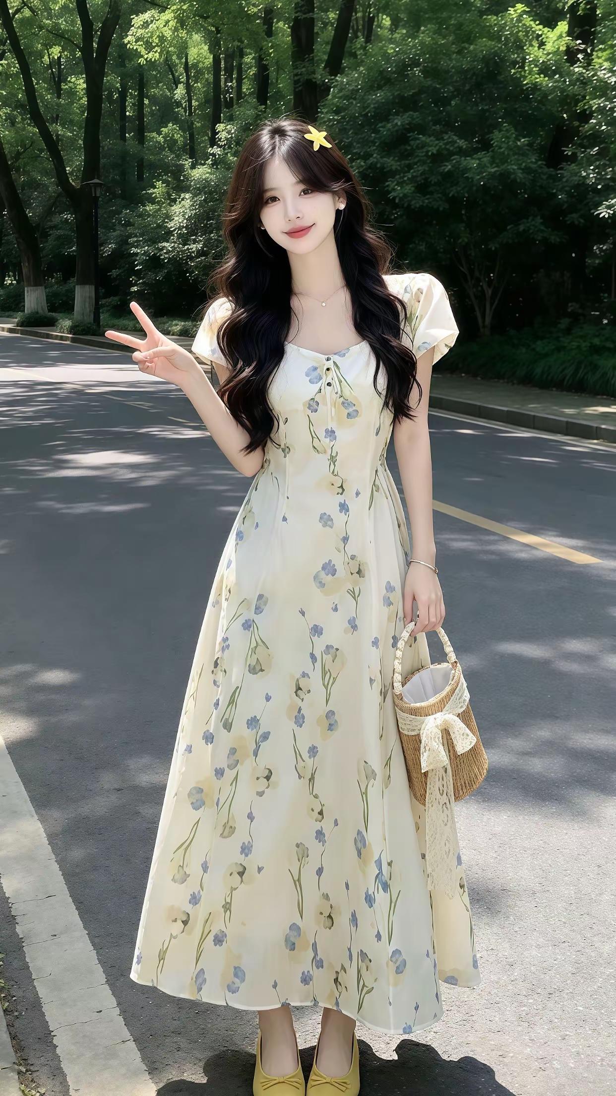 奶白底蓝花方领长裙，泡泡袖+收腰大摆，遮肉显高，法式氛围感拉满，度假约会都适配✨